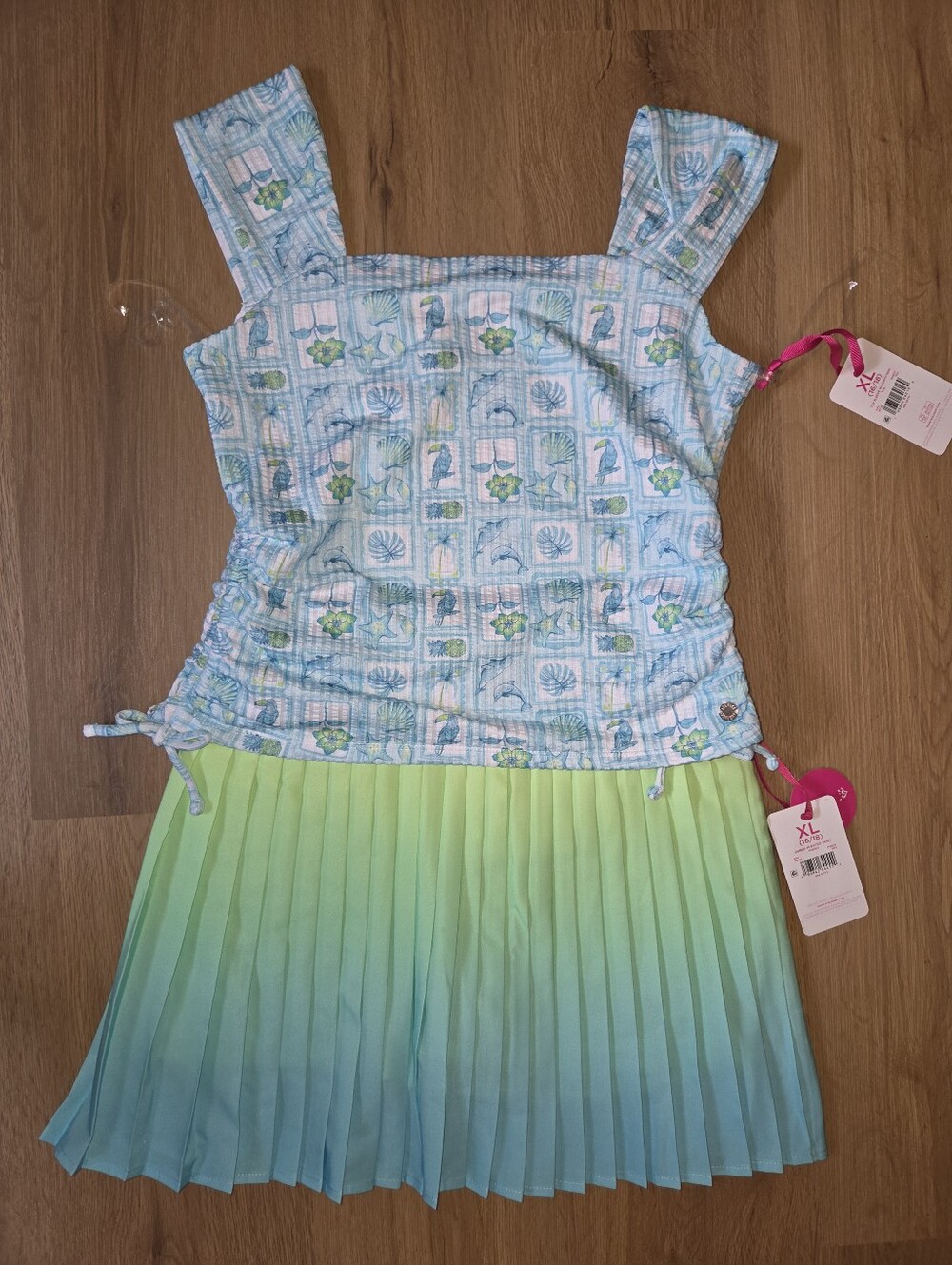 Blue & Green Ombre Pleated Maxi Skirt with Seashell Print Top NWT